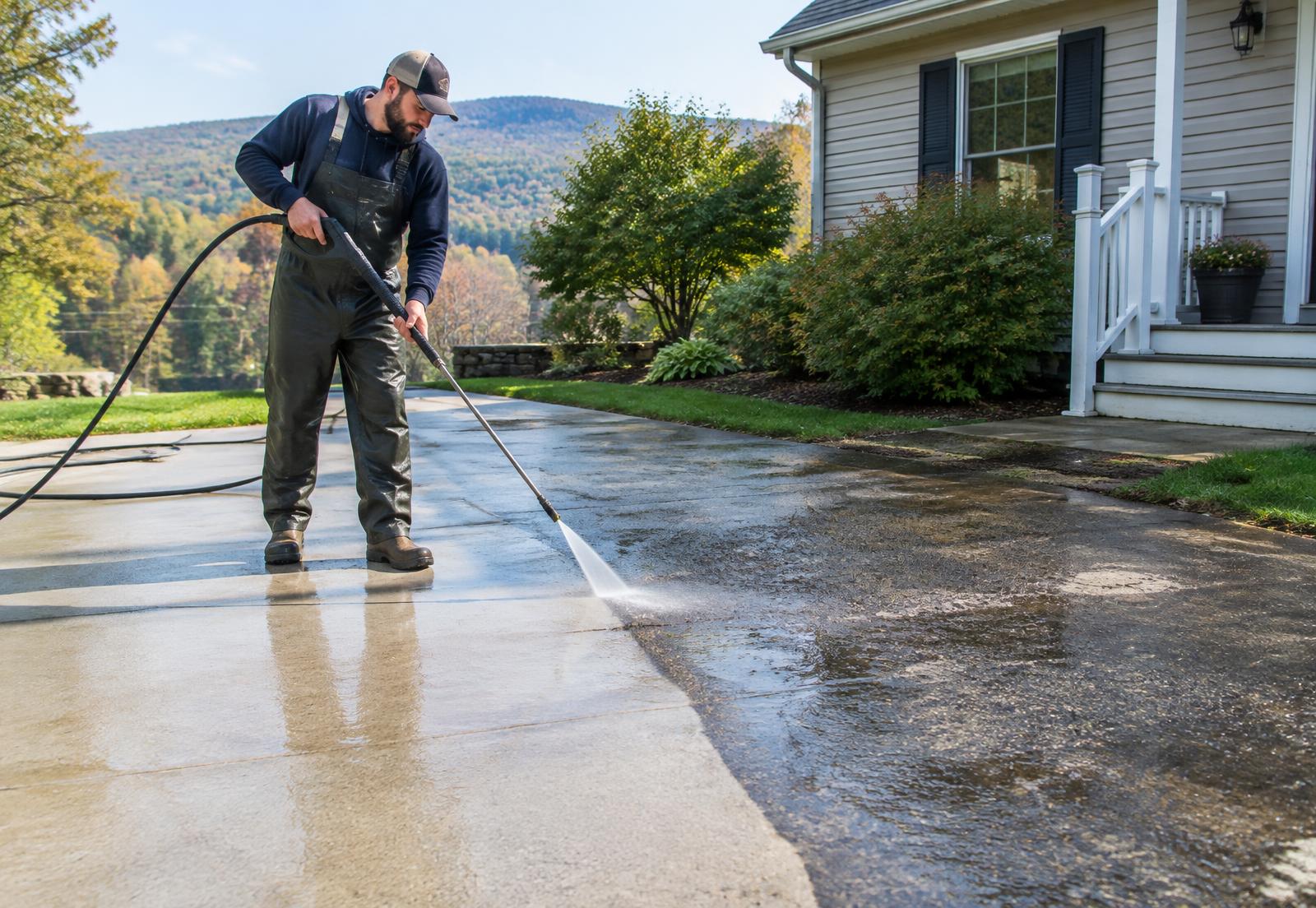 Power washing a residential driveway