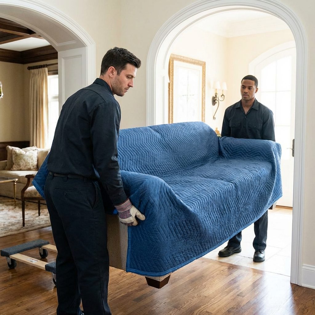 Movers carrying a couch out of a home