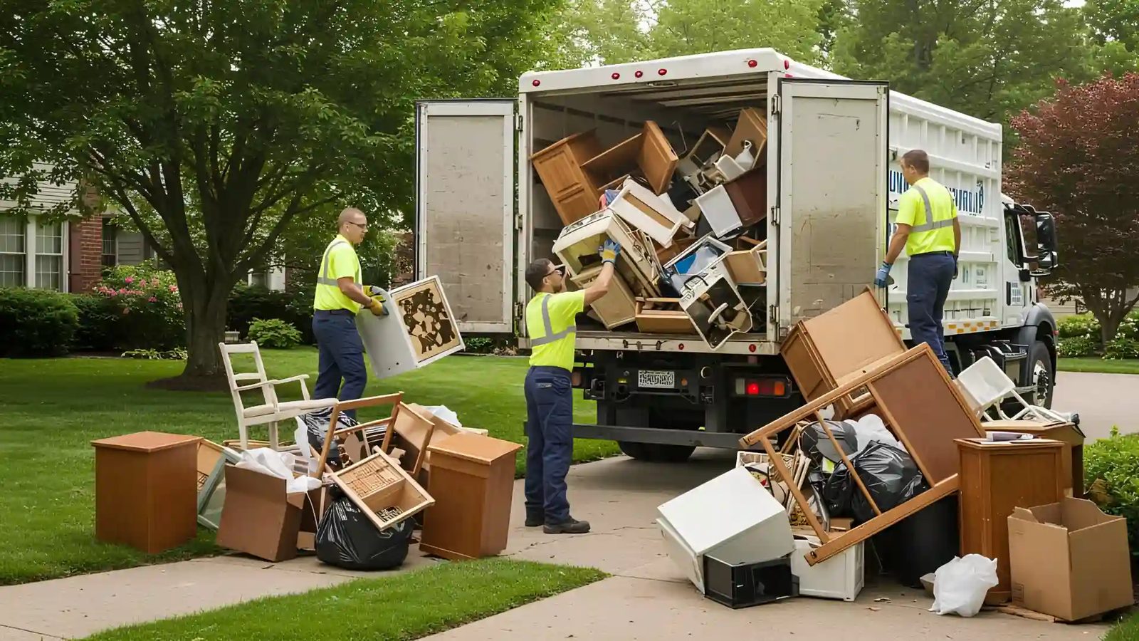 Crew loading a junk removal truck at a home